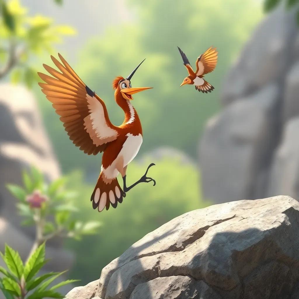 The hoopoe landing on a rock nearby, joy and excitement visible, illustrated with colors that reflect happiness, high quality, cheerful perspective, emphasizing the bird’s enthusiasm