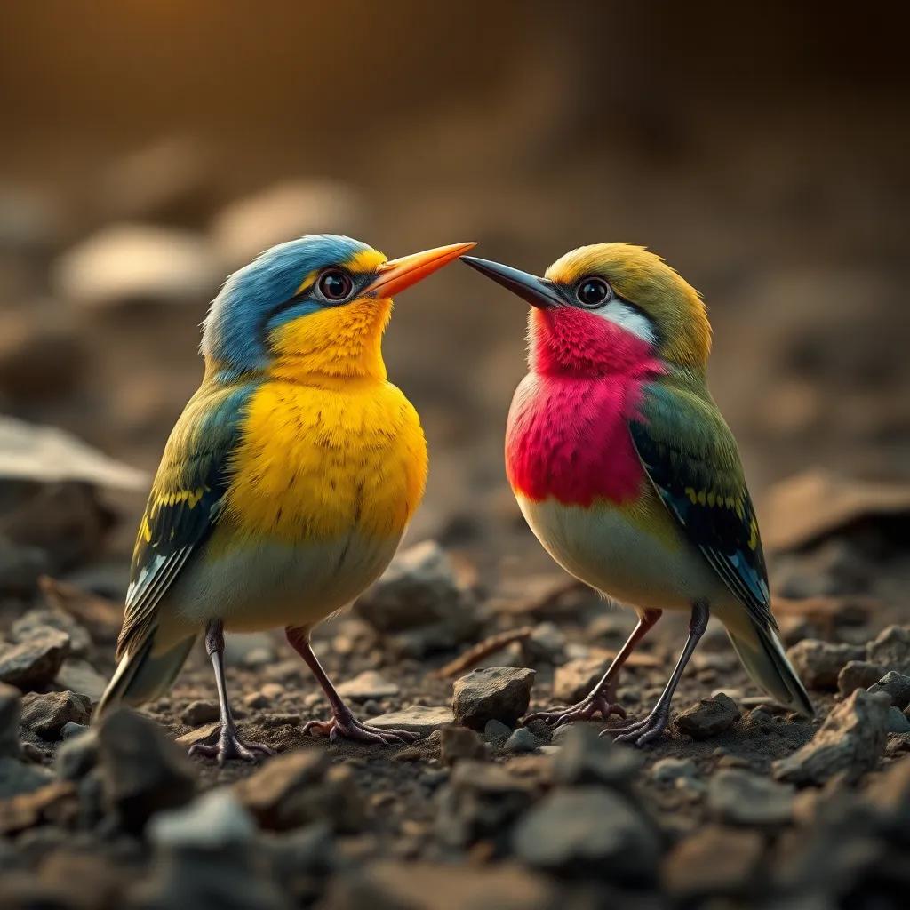 The lark and bee-eater looking at each other in disbelief, surrounded by the polluted area, digital art, emotional expressions, high quality, focused rendering
