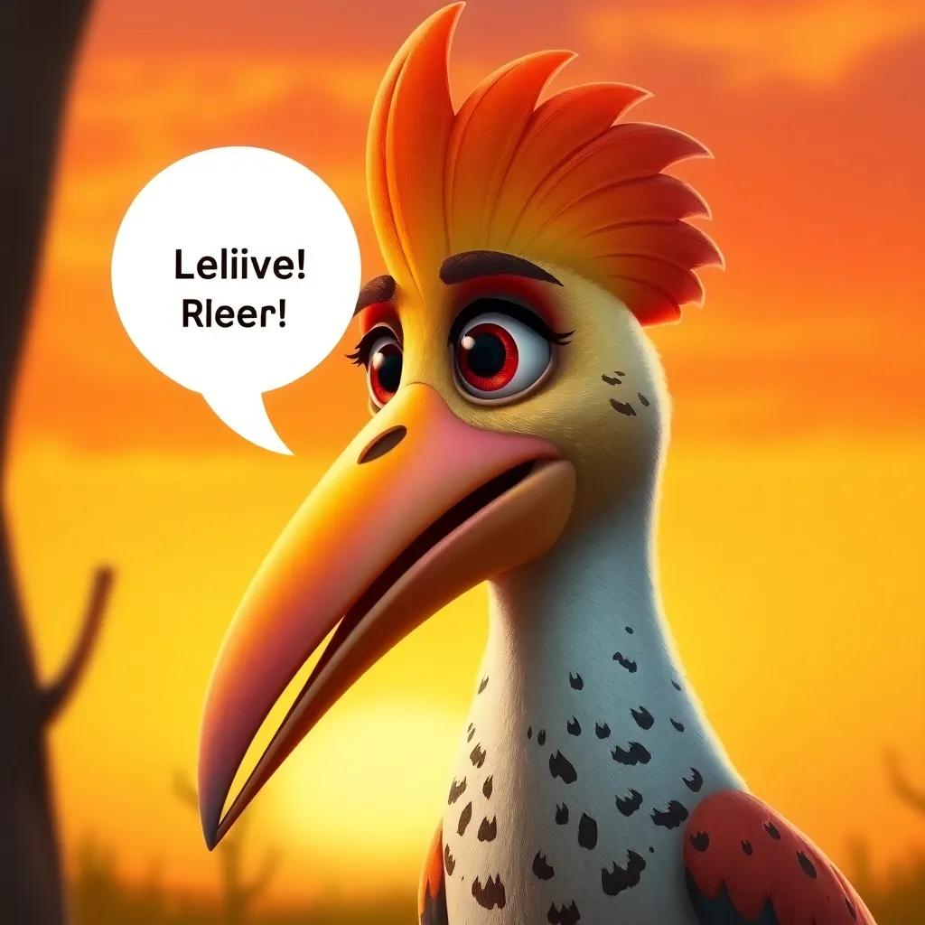 The hoopoe speaking about cleaning efforts, showing relief and hope in its eyes, colorful representation, sunset colors in the background, high quality