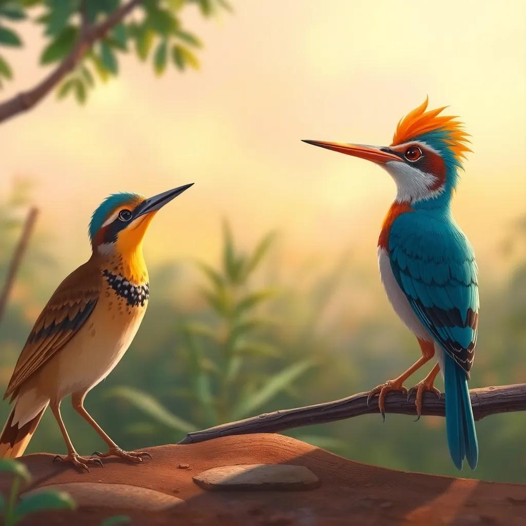 The lark and bee-eater listening intently to the hoopoe about the cleaning project, capturing their expressions, detailed illustration, warm colors, vibrant atmosphere, high quality