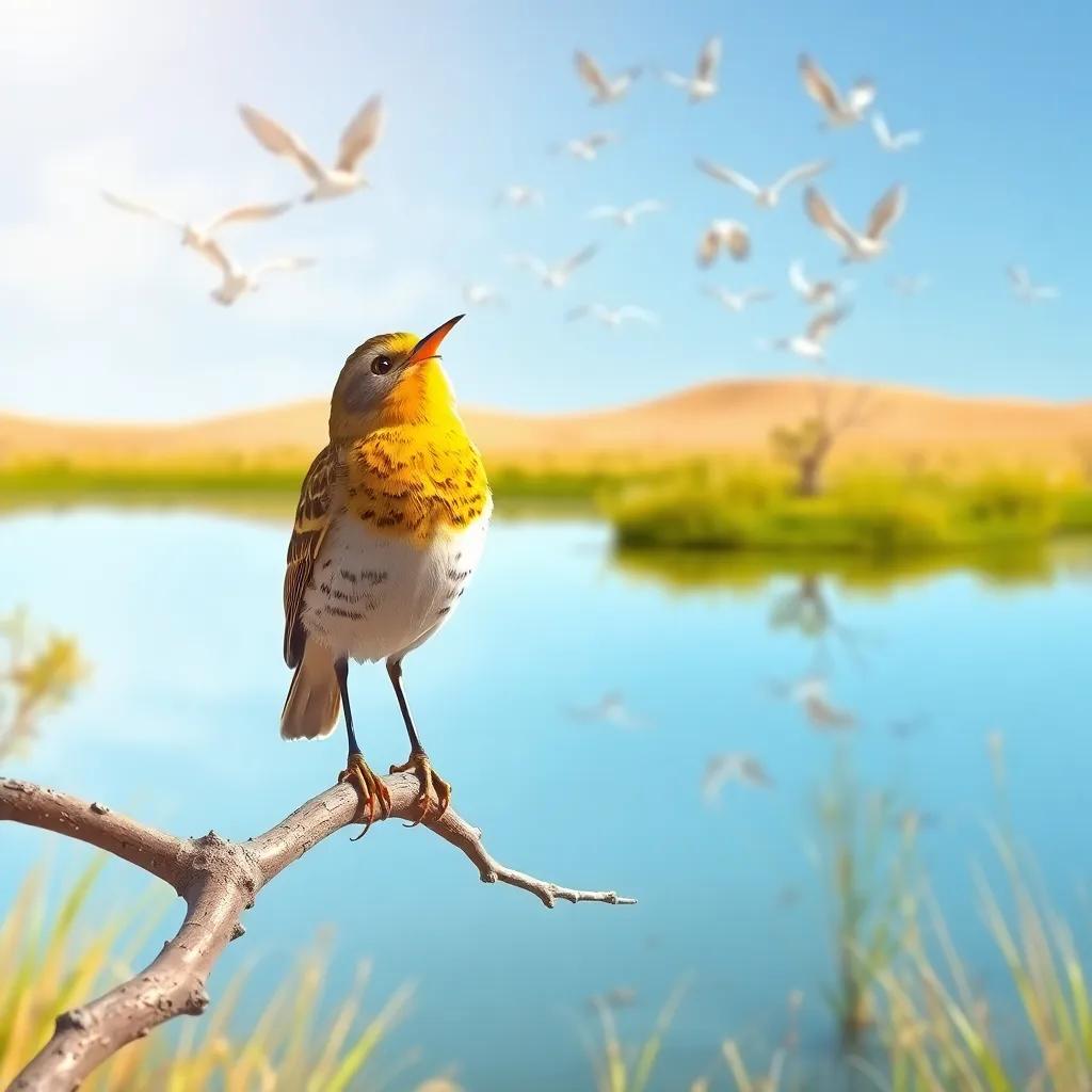 A refreshing scene of the lark standing on a clean branch, observing a flock of birds flying over a small lake, smiling and singing, depicting a rebirth of Al-Liyah Nature Reserve, digital art, bright colors, joyful atmosphere, high quality