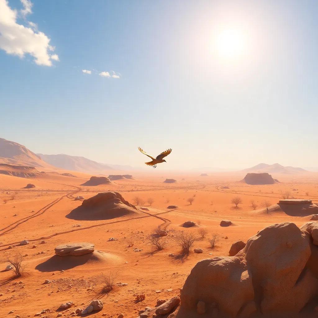A dry morning in Liyaḥ with intense sunlight, a crowned lark flying low among barren landscapes seeking shade, digital art, bright colors, sunny and desolate atmosphere, detailed