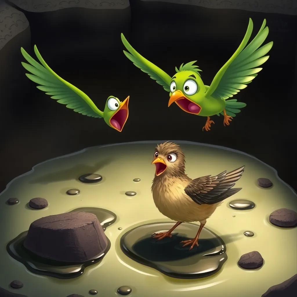 An astonished green roller bird flying towards a black oil pit where a lark is struggling, with its feathers covered in oil, illustration, concerned tones, vibrant, engaging scene
