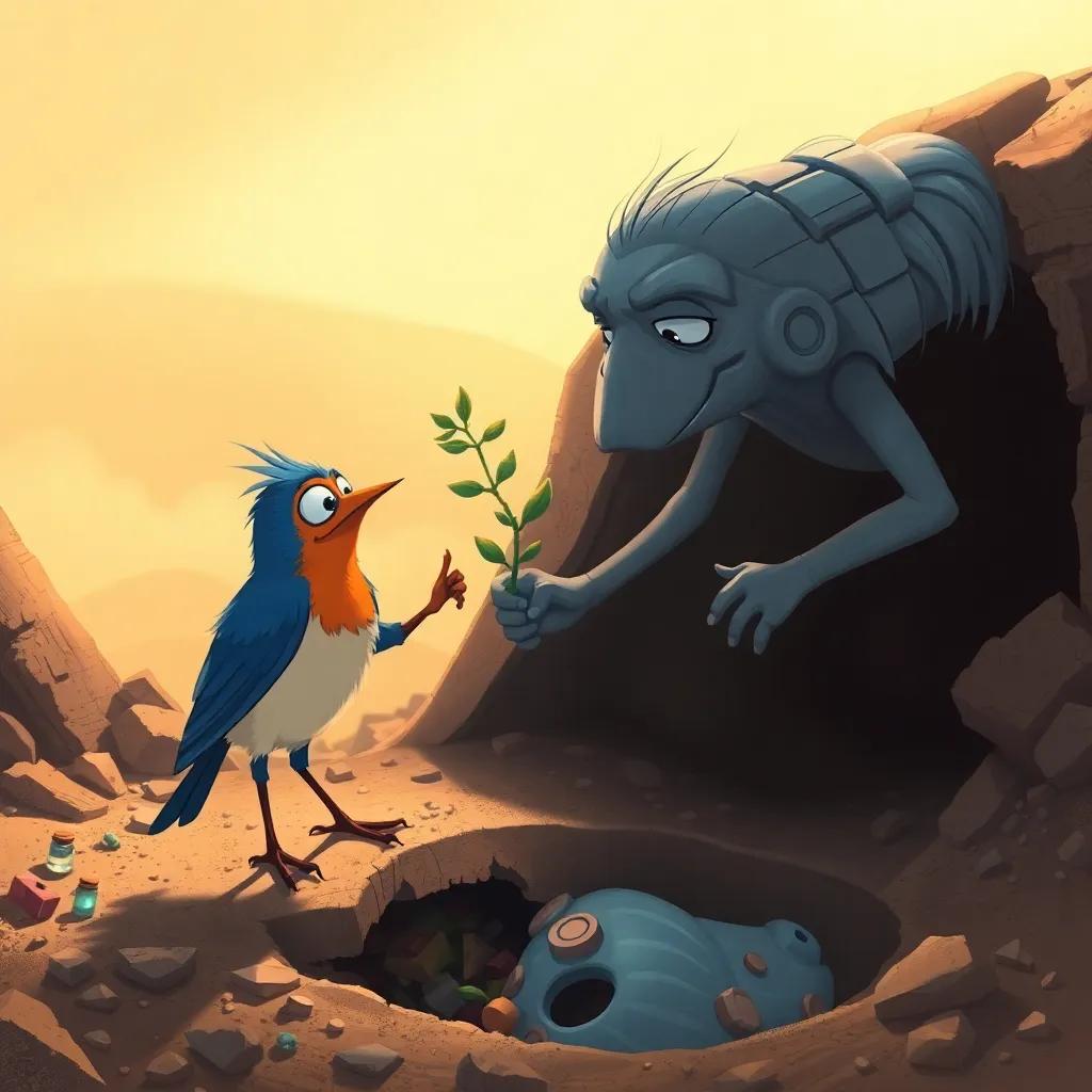 The roller offering a small branch to the lark to help it escape the pit, surrounded by waste and dirty terrain, illustration, heartfelt moment, warm light