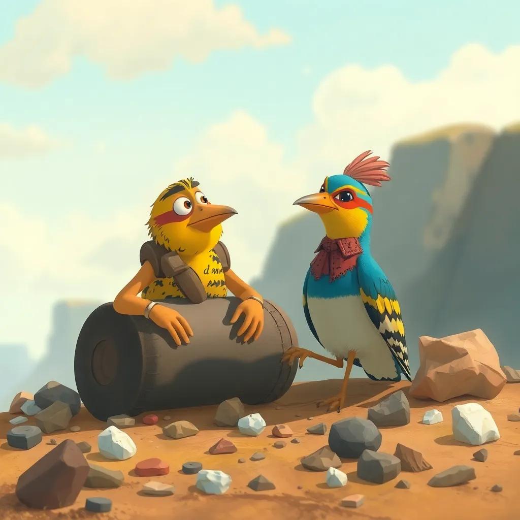 The roller and the lark sitting together, discussing the polluted land, with waste around them, illustration, thoughtful ambiance, soft colors