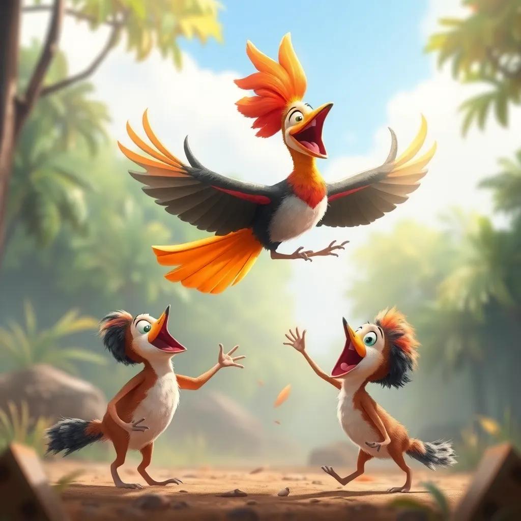 A joyful hoopoe flying in circles above the two friends, then landing nearby with excitement, colorful, action-filled scene, dynamic angles