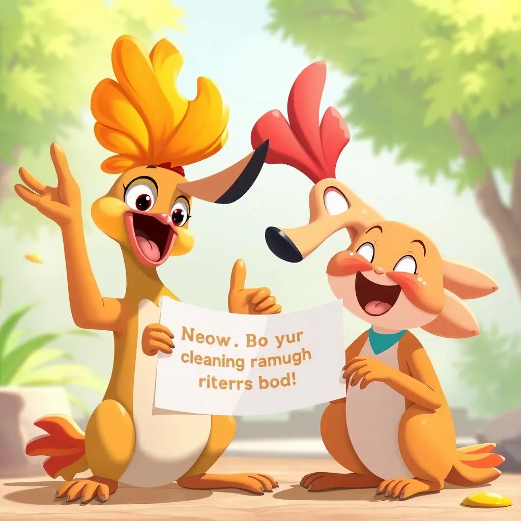 The hoopoe excitedly sharing news about the cleaning campaign with both friends, illustration, vibrant and hopeful, engaging setting