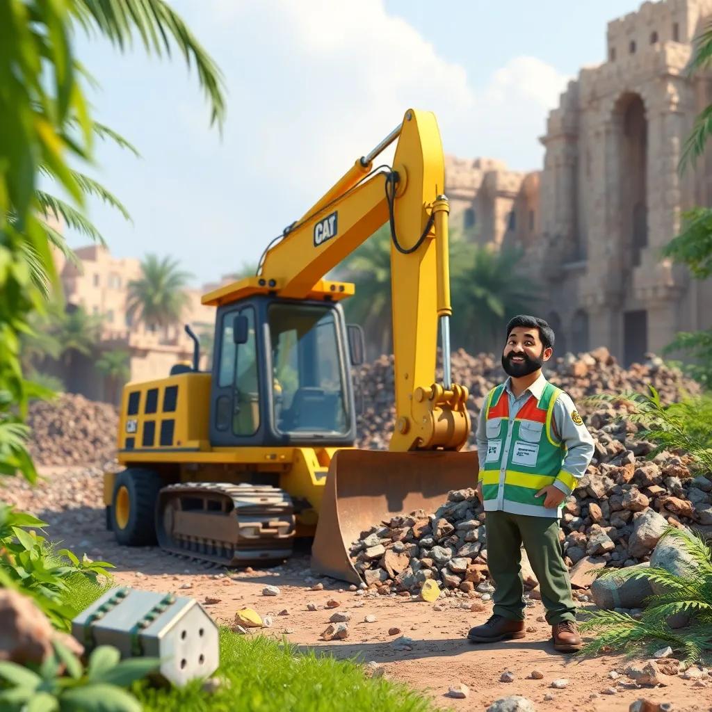 A construction scene in Liyaḥ with machinery clearing waste and an engineer from the Kuwait Institute for Scientific Research, surrounded by greenery, colorful and active scene