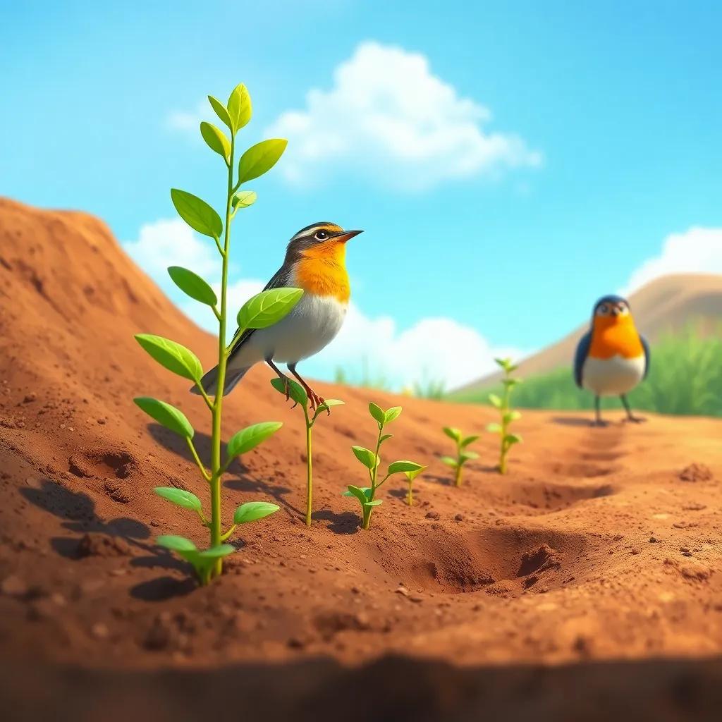 Planting of seedlings in the restored soil, with the lark and roller observing nearby, showing growth and hope, digital painting, bright colors, uplifting quality