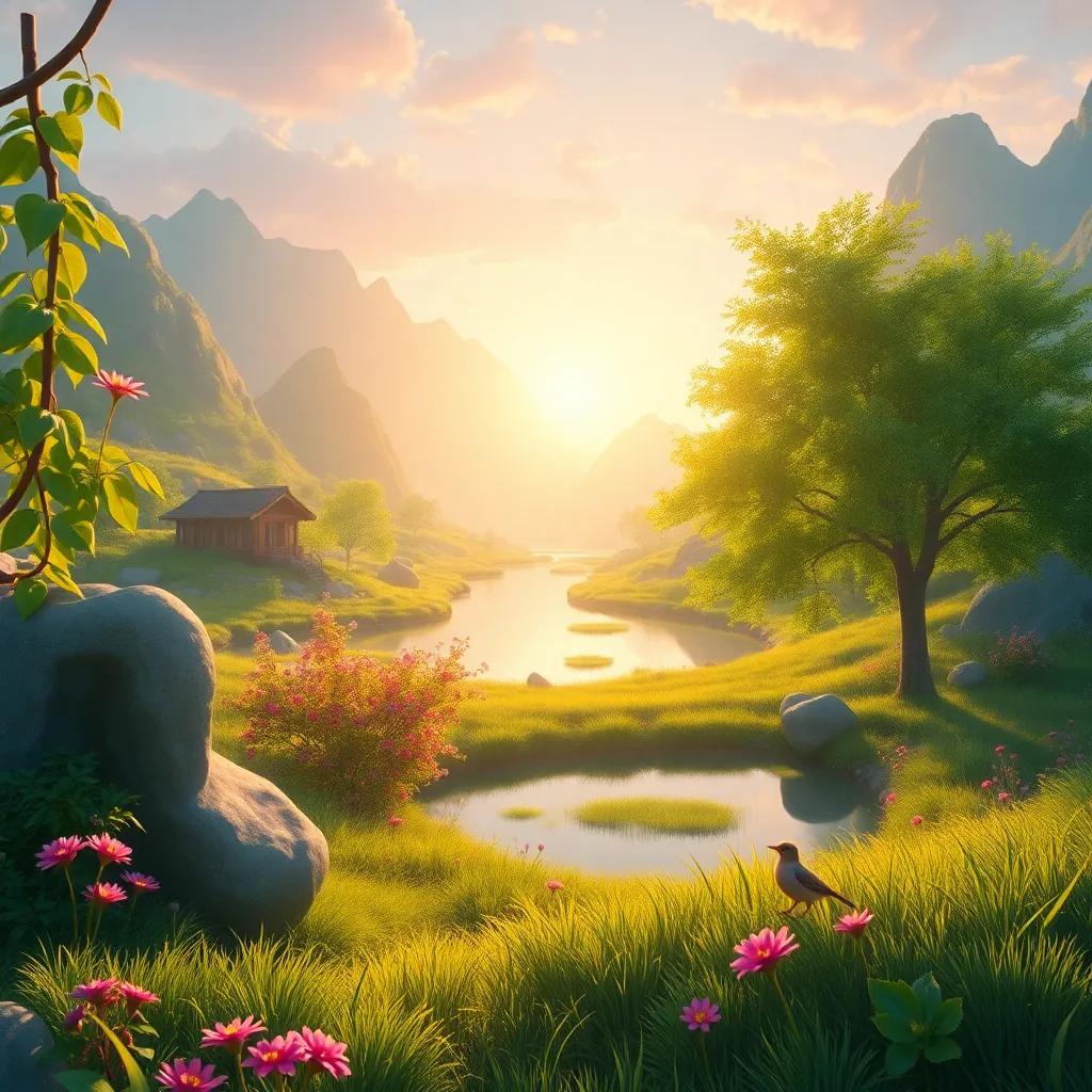 A beautiful view of Liyaḥ coming back to life with greenery and a small lake, the lark singing from a small bush, vibrant colors, joyful atmosphere
