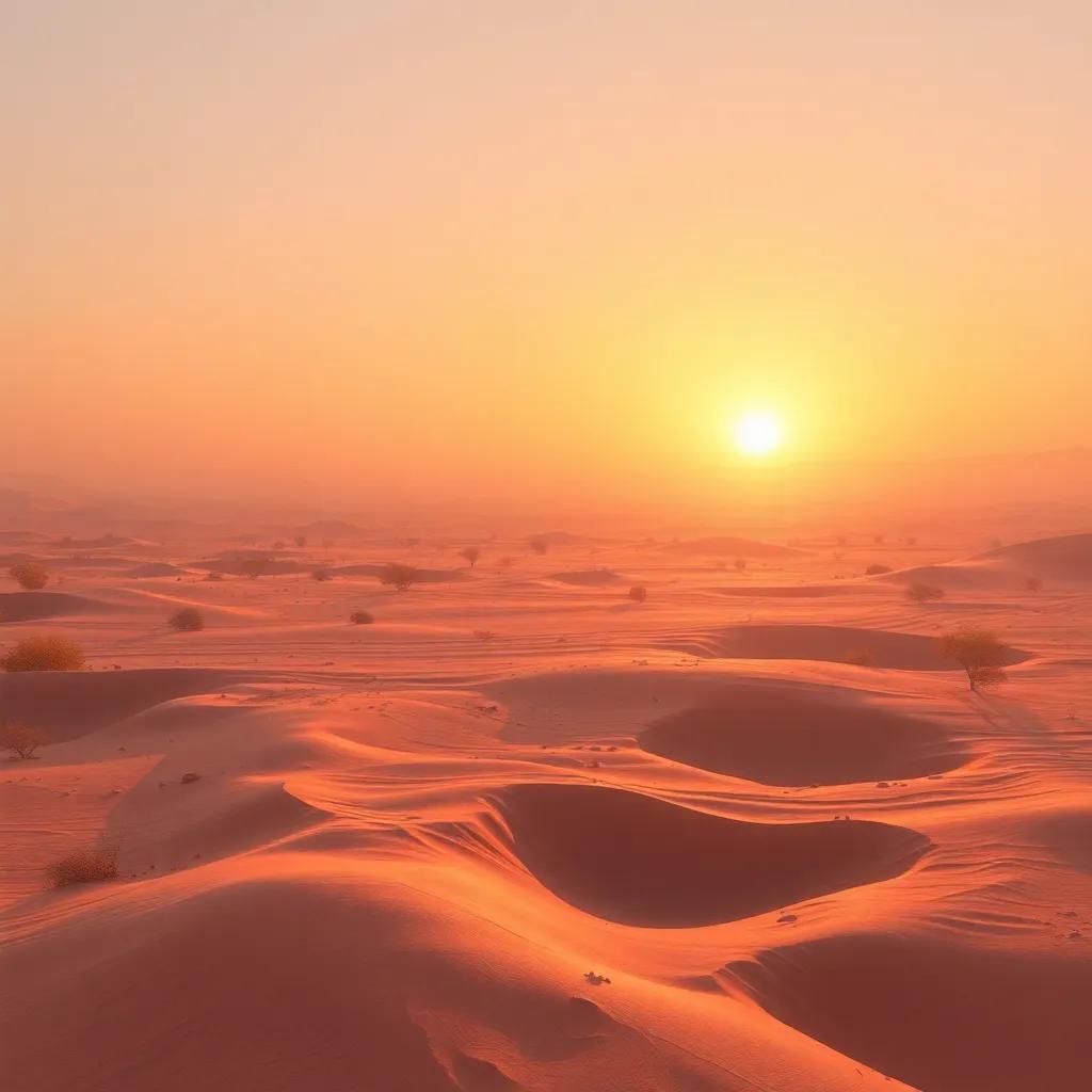 A warm morning in a barren area, with scattered sand dunes and deep pits, all lit by a gentle sunrise, digital art, soft colors, tranquil atmosphere, wide view, high quality
