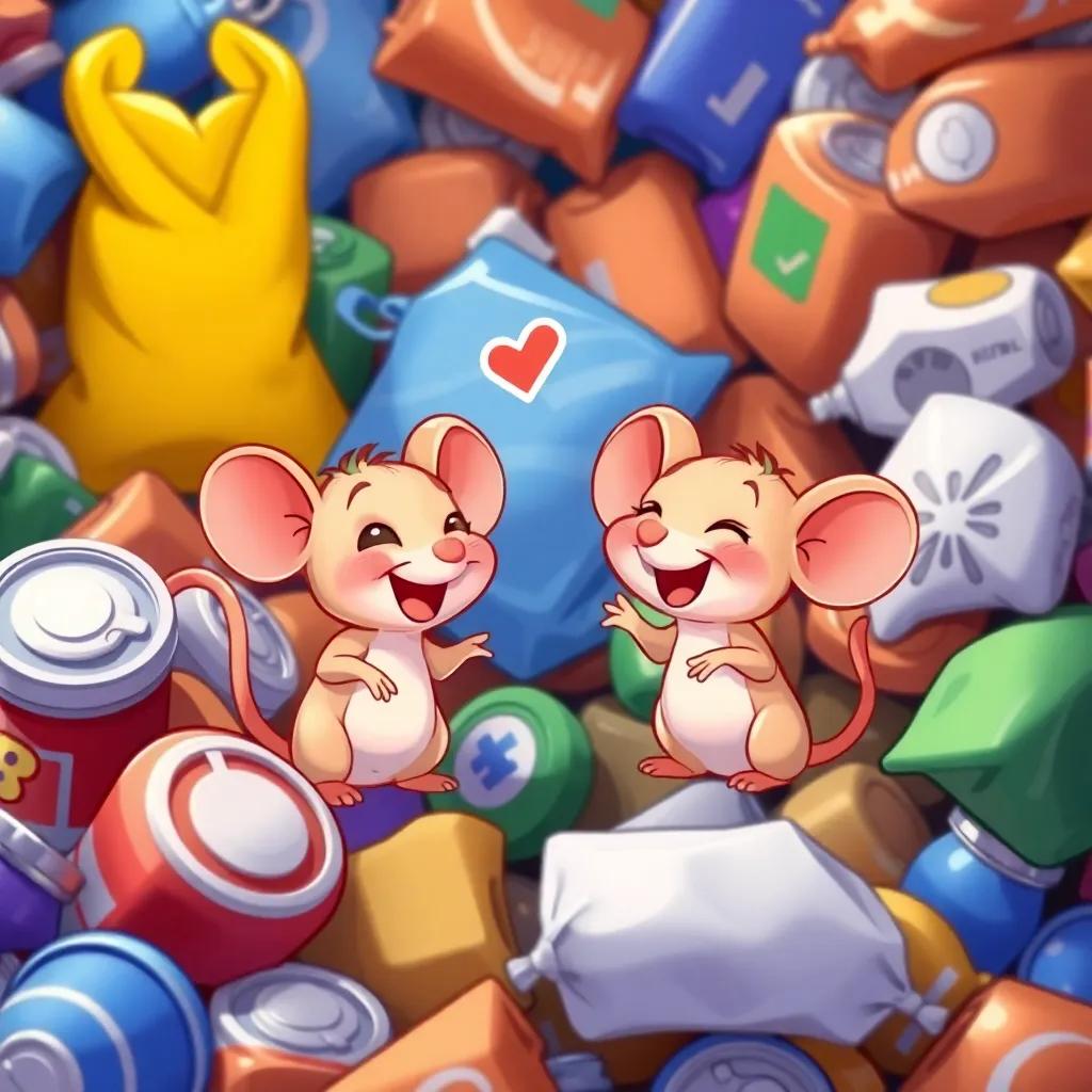 Two small mice, مغرور and كركور, happily talking amidst piles of trash like cans and bags, with laughter, cartoon style, bright colors, playful