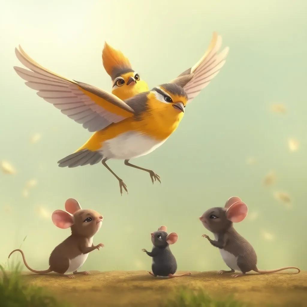 A sad crowned lark flying down to two mice, expressing concern about pollution, in a natural setting, pastel colors, emotional tone, mid-range view
