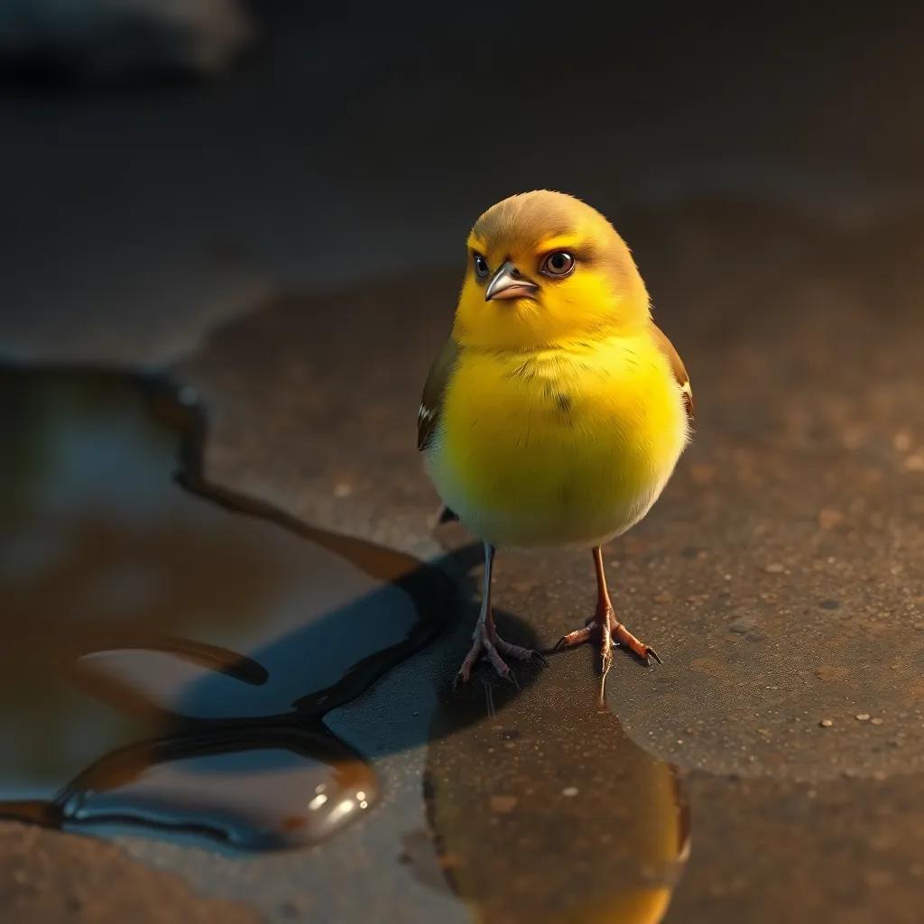 A yellow thrush sitting by an oil puddle, looking worried and concerned about the dirty water, beautiful detail, vibrant colors, serious mood