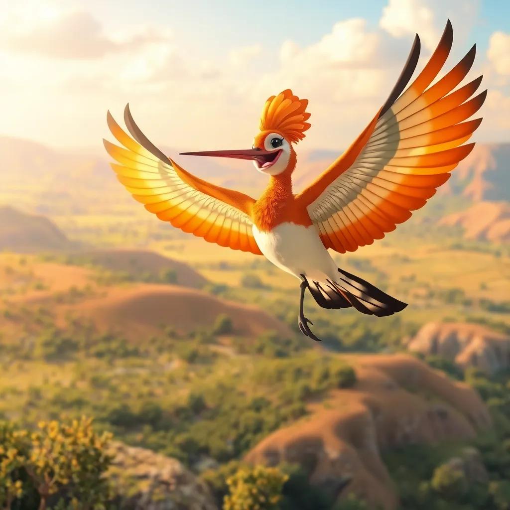 A hoopoe bird flying cheerfully above the landscape, spreading hope for a cleaning campaign, digital art, bright and vibrant, uplifting perspective
