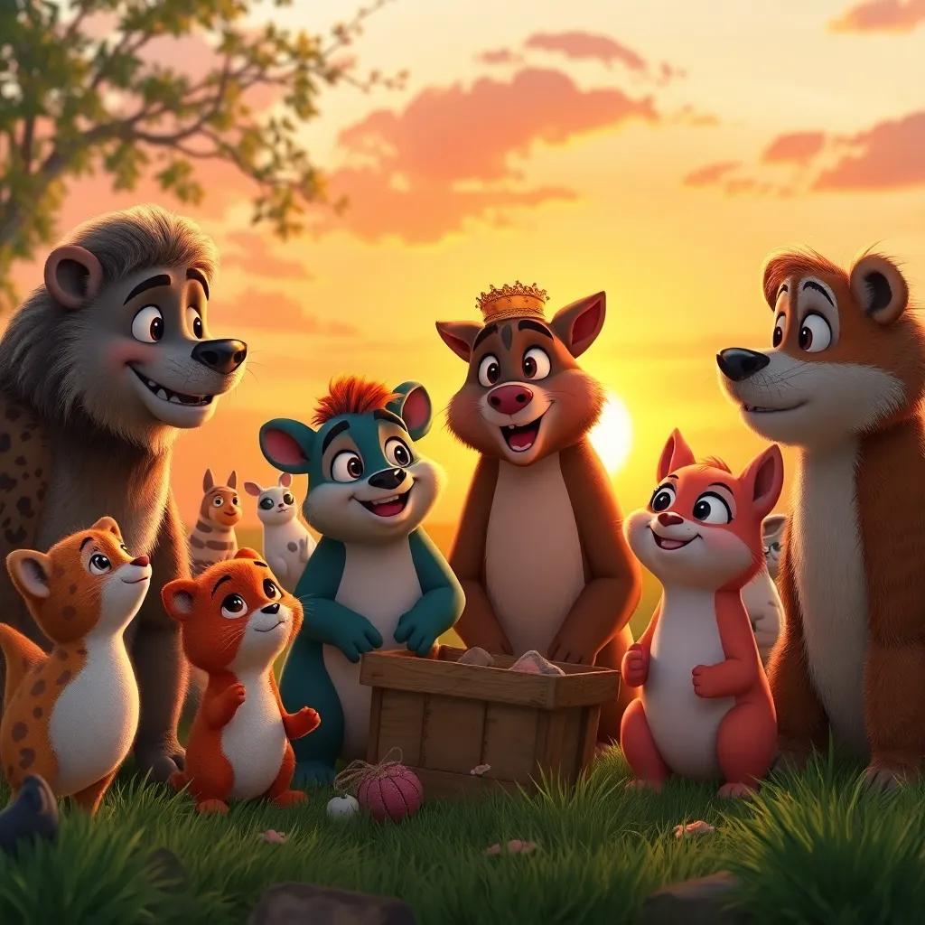 A collaborative scene with various animals discussing the cleanup, excitement in their eyes, a sunset backdrop, warm hues, community spirit