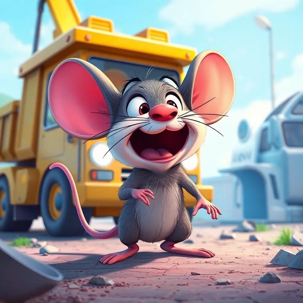 A scared mouse, سمور, looking around wildly in shock as the cleanup equipment starts to appear, cartoon style, exaggerated emotions, bright