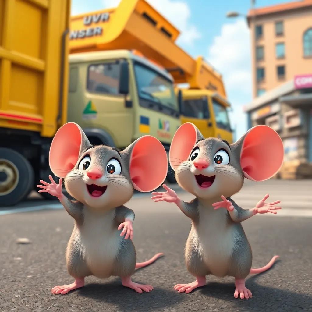 Two mice, مغرور and كركور, expressing surprise while observing trucks removing garbage, high detail, dynamic perspective, colorful