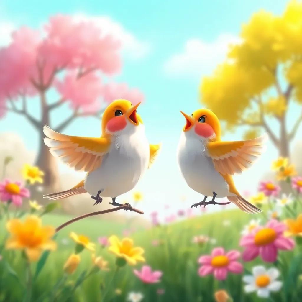 Birds singing jubilantly together with trees and flowers beginning to bloom in the background, cheerful colors, serene landscape, joyful feeling