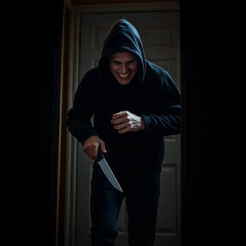 A dark figure of a thief sneaking into a house, wearing a black hoodie and jeans, holding a knife with a sinister grin, shadows around him, tension-filled atmosphere, dramatic lighting, focused detail