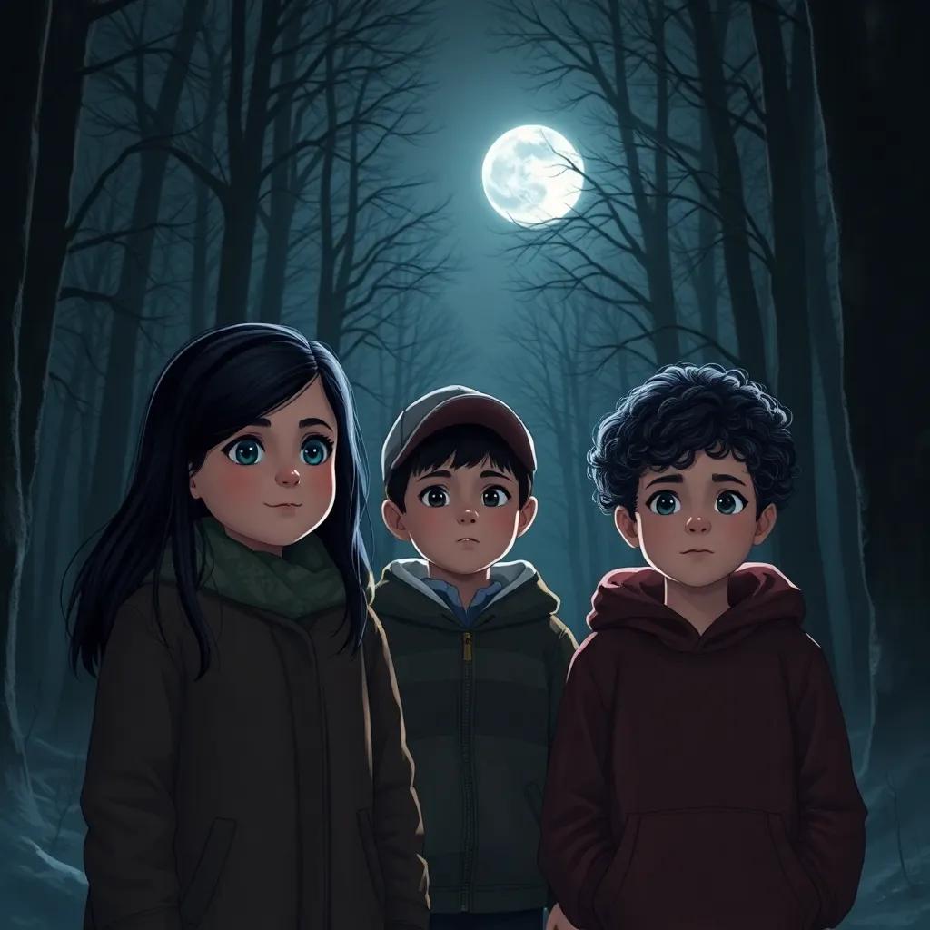 A cold, dark forest at night, with three children: a girl named Leila, a boy named Sami, and a boy named Fares. Leila has long dark hair and is wearing a warm jacket, Sami has short hair and is wearing a cap, Fares has curly hair and is wearing a hoodie. The moonlight shines through the trees, creating shadows, and mysterious sounds are echoing in the distance, digital art, dark yet inviting atmosphere, engaging, high quality