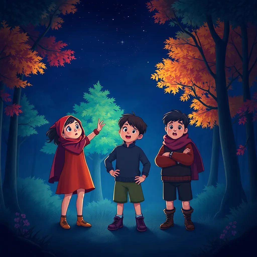 Three children standing in a dimly lit forest. Leila is pointing towards a shadow among the trees, while Sami looks startled and Fares looks brave, colorful trees surrounding them, night sky above, whimsical touch, detailed illustration, adventure theme, captivating