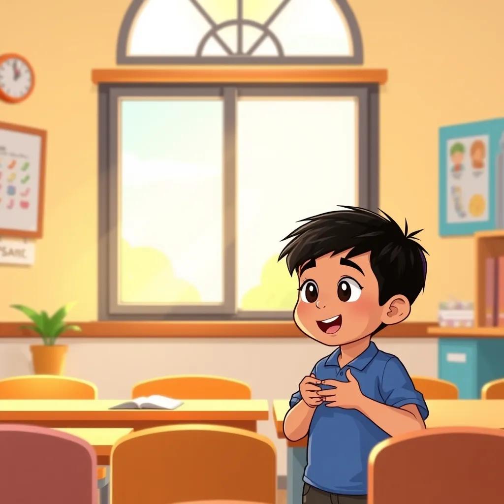 A cheerful classroom with a sunny window, a young Arab boy, Sami, with short black hair, wearing a blue shirt, looking excited while the teacher explains, digital art, warm light, bright colors, inviting atmosphere, high quality