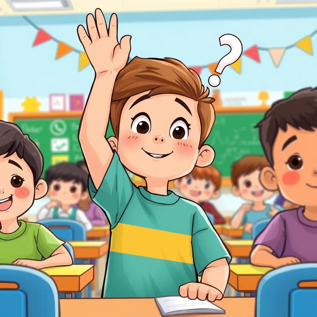 A close-up of Sami raising his hand eagerly in class, thinking of examples, a bright classroom with colorful decorations, illustration, bright colors, cheerful, child-friendly