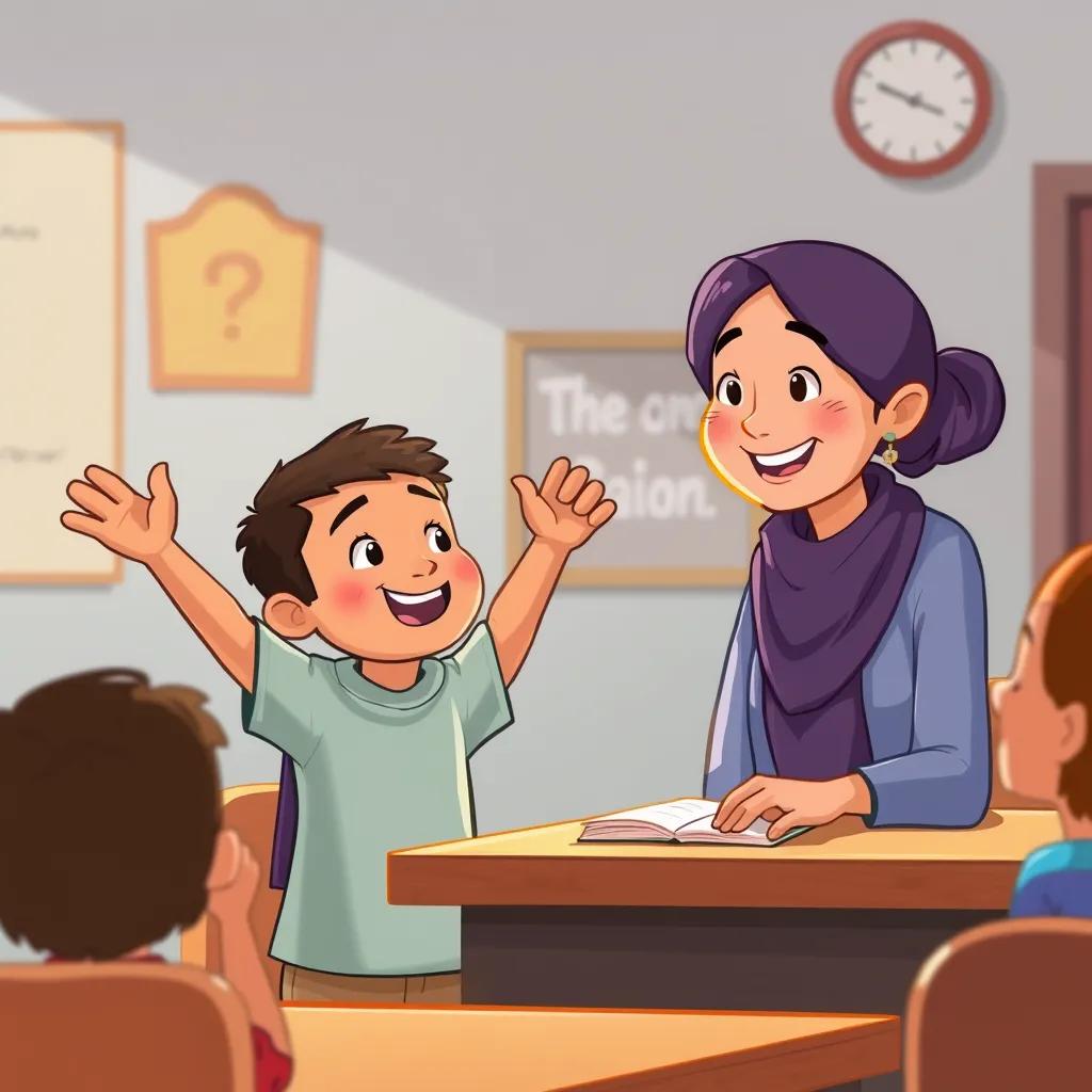A scene of Sami proudly saying his example in class, the teacher smiling at him with encouragement, digital art, warm colors, uplifting atmosphere, high quality