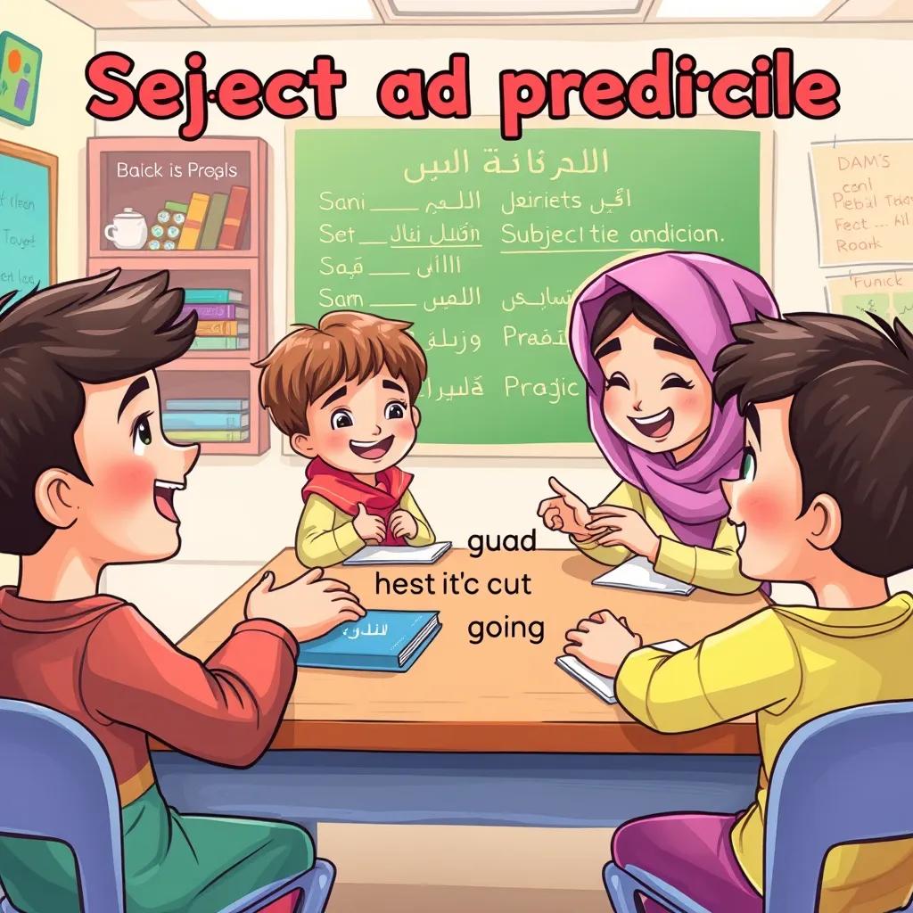 A fun game in class where students are matching the subject and predicate, young Arab children, boys and girls, laughing and playing, colorful classroom, digital art, vibrant colors, joyful atmosphere, high quality