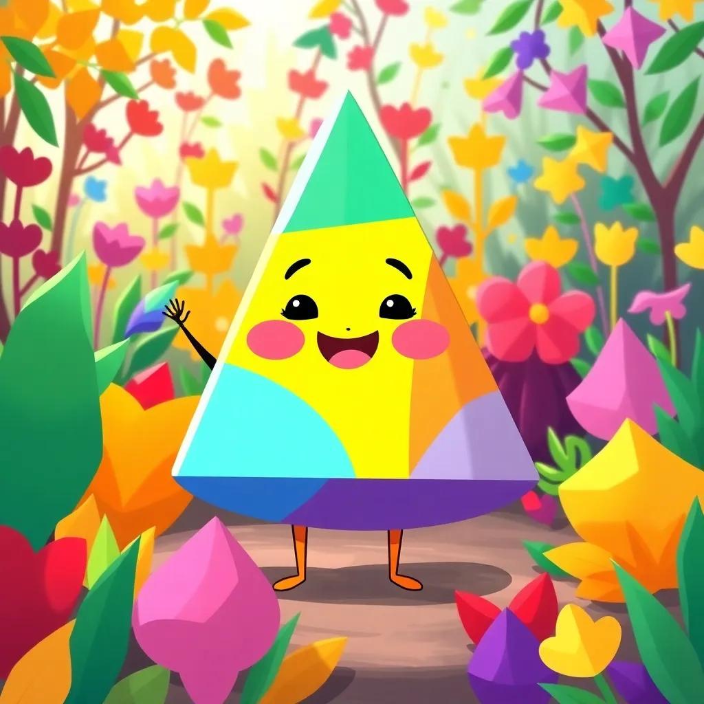 A cheerful triangle named Toto with bright colors, standing happily in a garden full of colorful shapes, digital art, vibrant, joyful atmosphere, high quality
