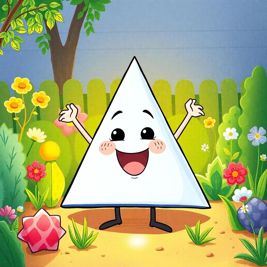 An excited triangle with sharp angles, showcasing its pointy sides in a fun, playful way in the same garden, colorful, cheerful lighting, child-friendly illustrations