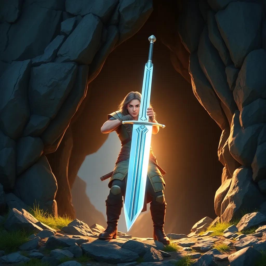 A strong warrior with a shiny silver sword, emerging from a hidden cave at the foot of the mountain, sunlight glinting off the sword, vibrant digital art, bright colors, adventurous atmosphere, high quality