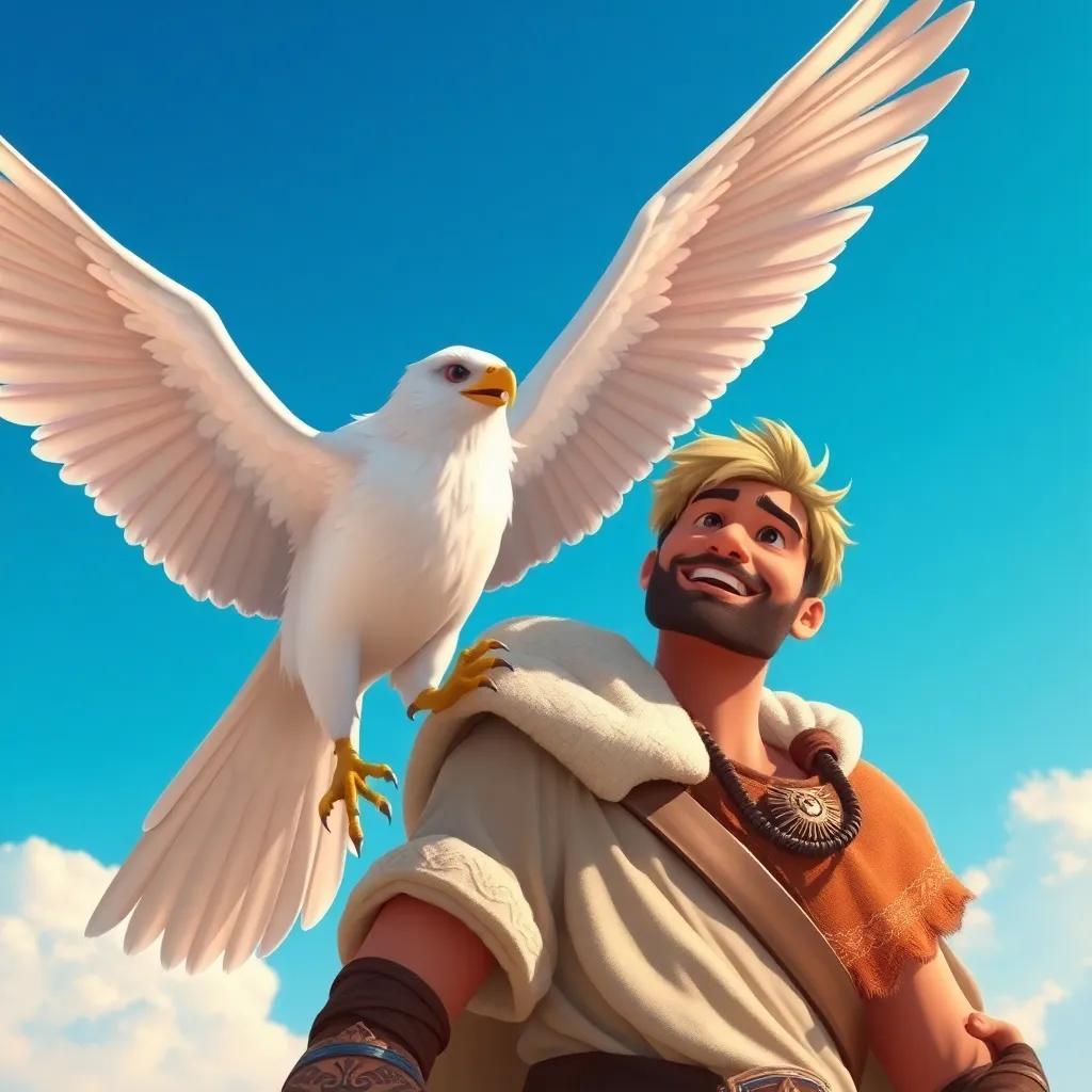 A majestic white falcon landing on the strong warrior's arm, with the blue sky in the background and the warrior smiling in wonder, detailed illustration, warm and inviting colors, joyful mood, beautiful light