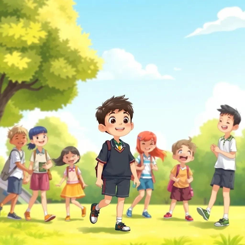 A young boy, Ali, with short black hair wearing a school uniform, engaging with his friends in a sunny park, cheerful atmosphere, bright colors, joyful expressions, digital art