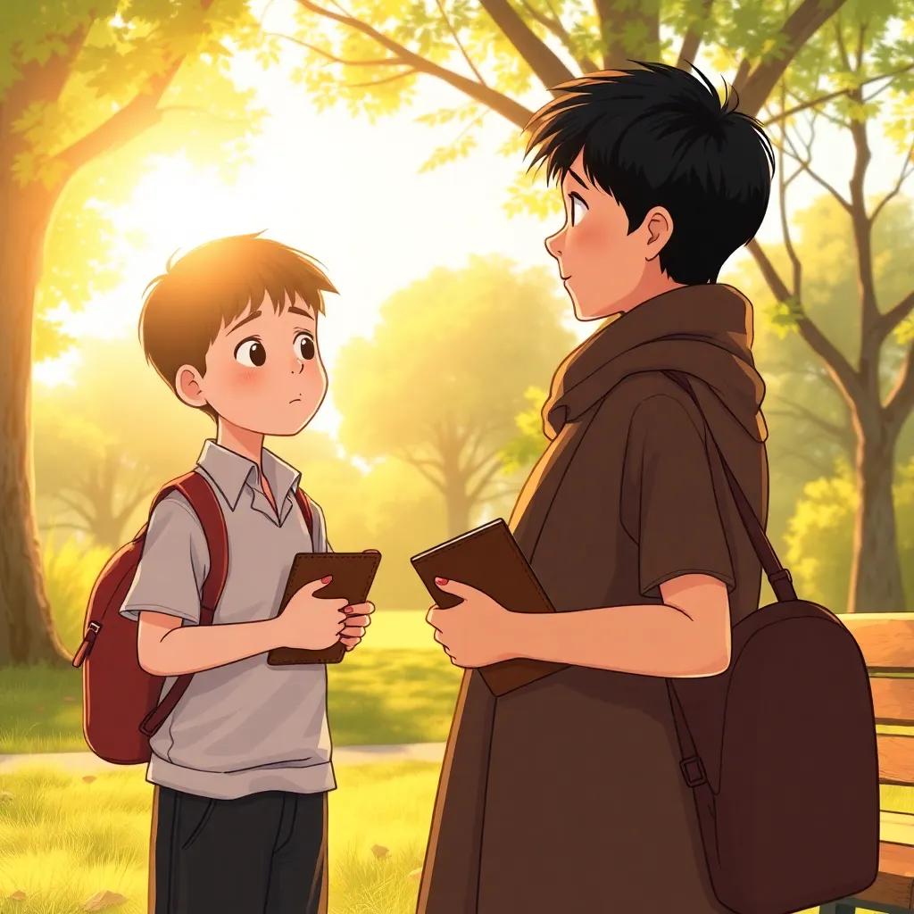 Ali, a young boy with short black hair wearing a school uniform, holding a wallet and talking to a sad woman in the park, warm sunlight illuminating the scene, emotional warmth, inviting mood, detailed illustration