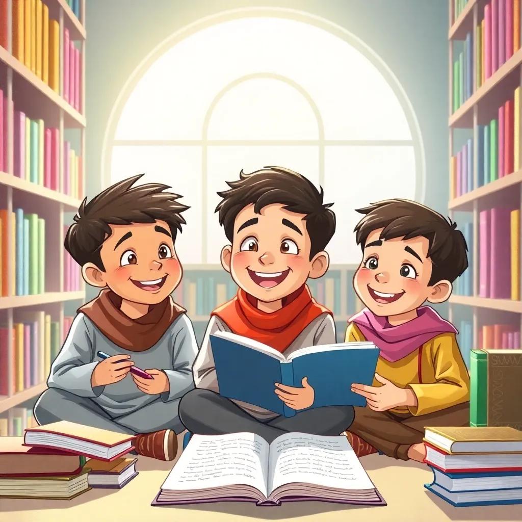Ali and his friends, three young boys of Arabic descent, sitting in a library with books around them, excitedly writing their story about honesty with smiles, colorful atmosphere, cheerful light, high quality