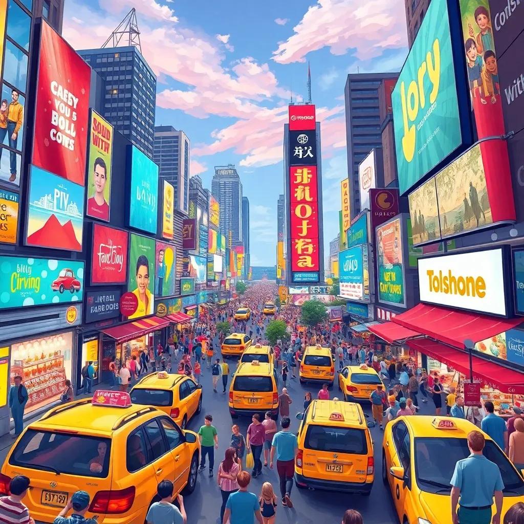A panoramic view of a bustling city with bright lights and large advertisements, people crowding the streets filled with shops and cafes, yellow taxis honking, cheerful vibes, digital art, vibrant colors, lively atmosphere, high quality