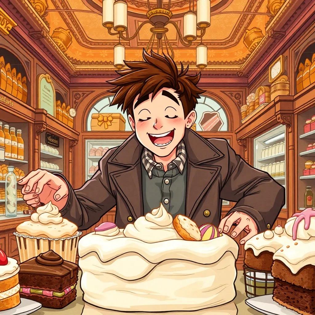 Adnan, a young man in his twenties with messy brown hair and oversized coat, comically falling into cake frosting inside a luxurious candy store, surrounded by pastries, detailed illustration, humorous, warm colors, inviting, high quality