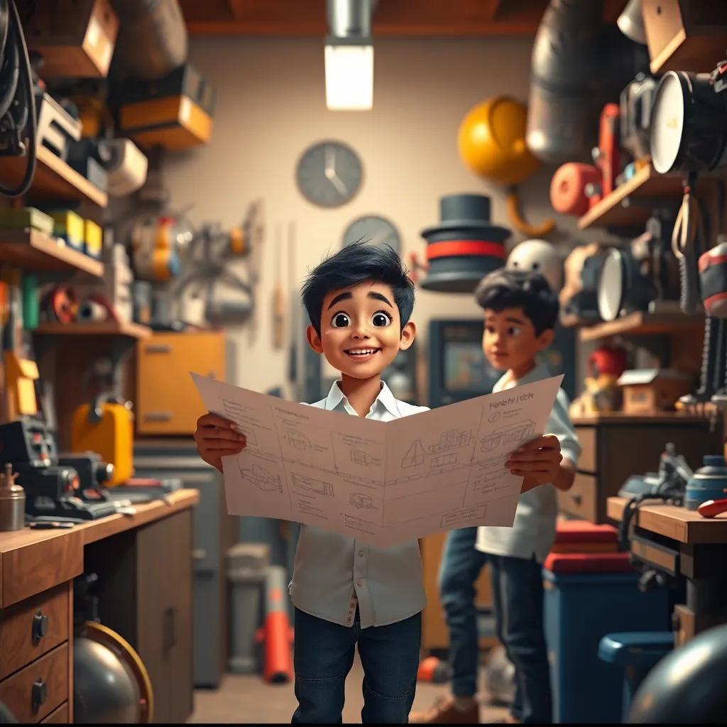 A young Arab boy, Sami, with short black hair wearing a white shirt and blue jeans, excitedly showing his friends a blueprint of his invention in a cluttered garage full of tools and gadgets, bright light, warm colors, vibrant atmosphere, digital art