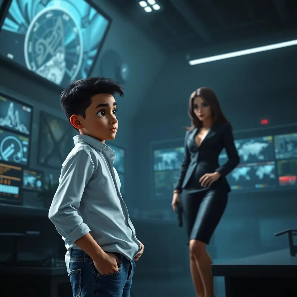 Sami, a young Arab boy with short black hair in a white shirt and blue jeans, looking determined and brave while confronting a mysterious woman in a sleek black suit in a dimly lit control room filled with screens and equipment, dramatic lighting, tense atmosphere, powerful composition