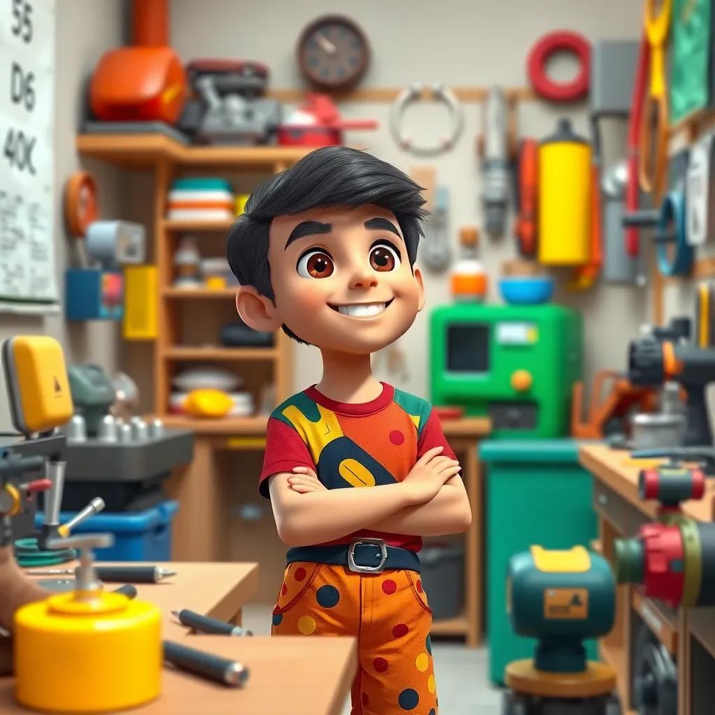 A young Arab boy, Sami, with short dark hair, wearing a colorful t-shirt and shorts, surrounded by tools and gadgets in his workshop, smiling and thinking about his invention, digital art, bright colors, cheerful atmosphere, high-quality