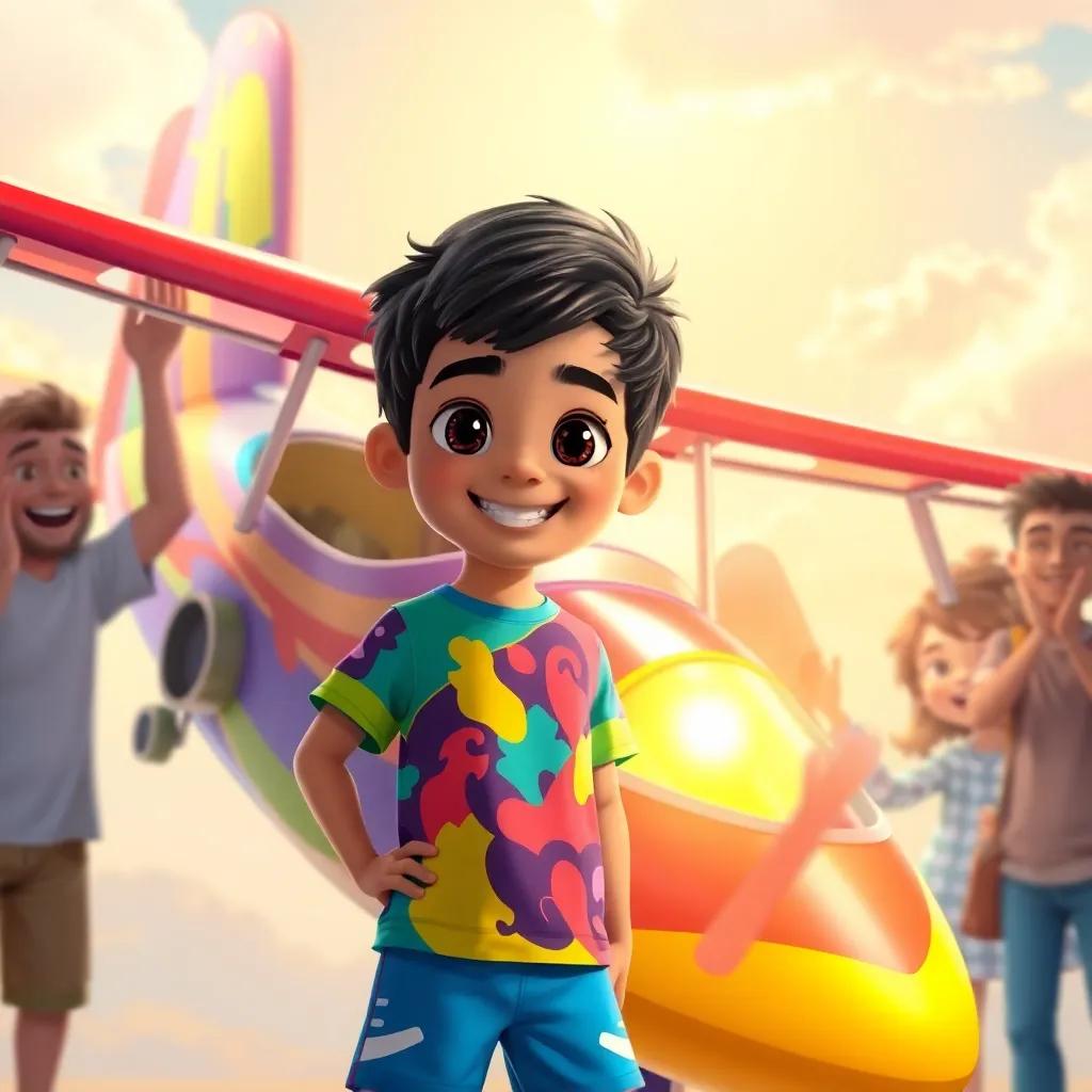 Sami, a young Arab boy with short dark hair, wearing a colorful t-shirt and shorts, standing proudly next to his colorful flying airplane with flashing lights, his friends cheering around him, bright sunny sky, joyful scene, digital illustration, vibrant colors, uplifting vibe