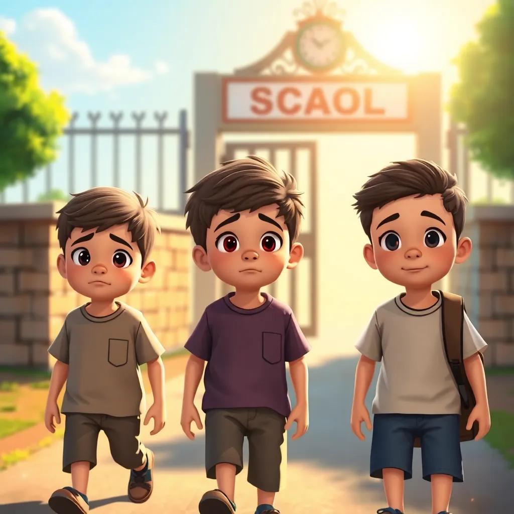A group of three boys, Aser, Nawaf, and Water, looking a bit nervous in simple clothes, walking towards a school gate, the sunlight shining on them, cheerful digital art, warm colors, friendly atmosphere, high quality