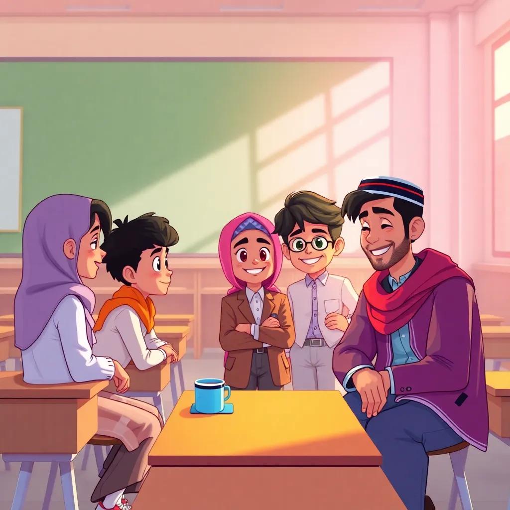 A scene inside a classroom, Aser, Nawaf, and Water trying to approach two boys, Lafi and Saif, who are in fancy clothes, a friendly smile from Fahd who is sitting with Aser and Nawaf, detailed illustration, bright colors, inviting and warm light, happy vibe