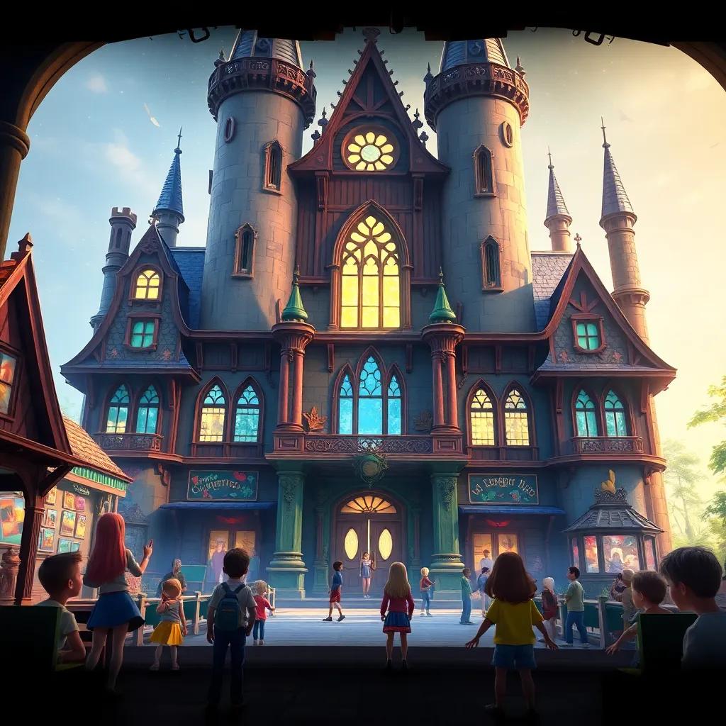 A magical school, large with tall towers, inside decorated with adventure stories on the walls, children excitedly looking around, digital art, vivid colors, immersive atmosphere, high quality
