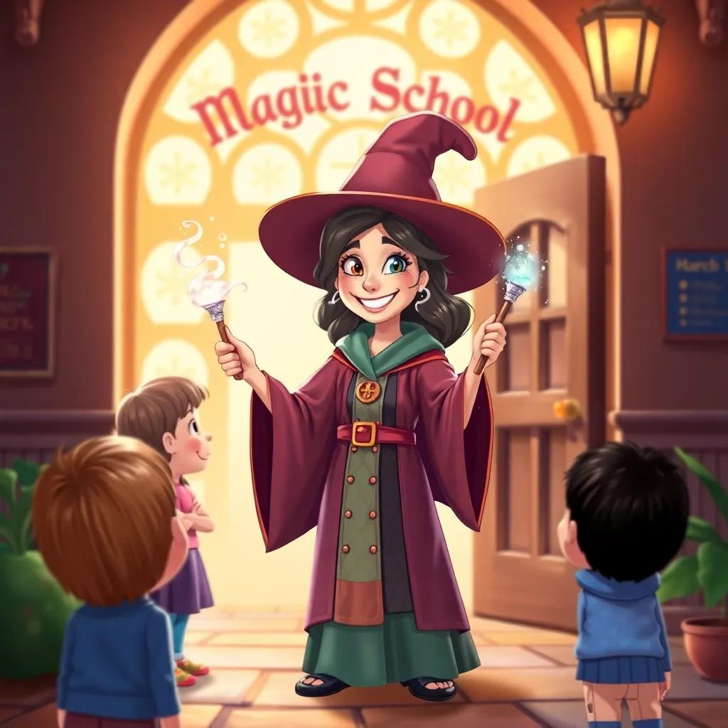 A friendly witch, Layla, with magical wand, smiling at children, wearing a colorful robe, standing at the entrance of the magical school, inviting atmosphere, bright light, detailed illustration, child-friendly