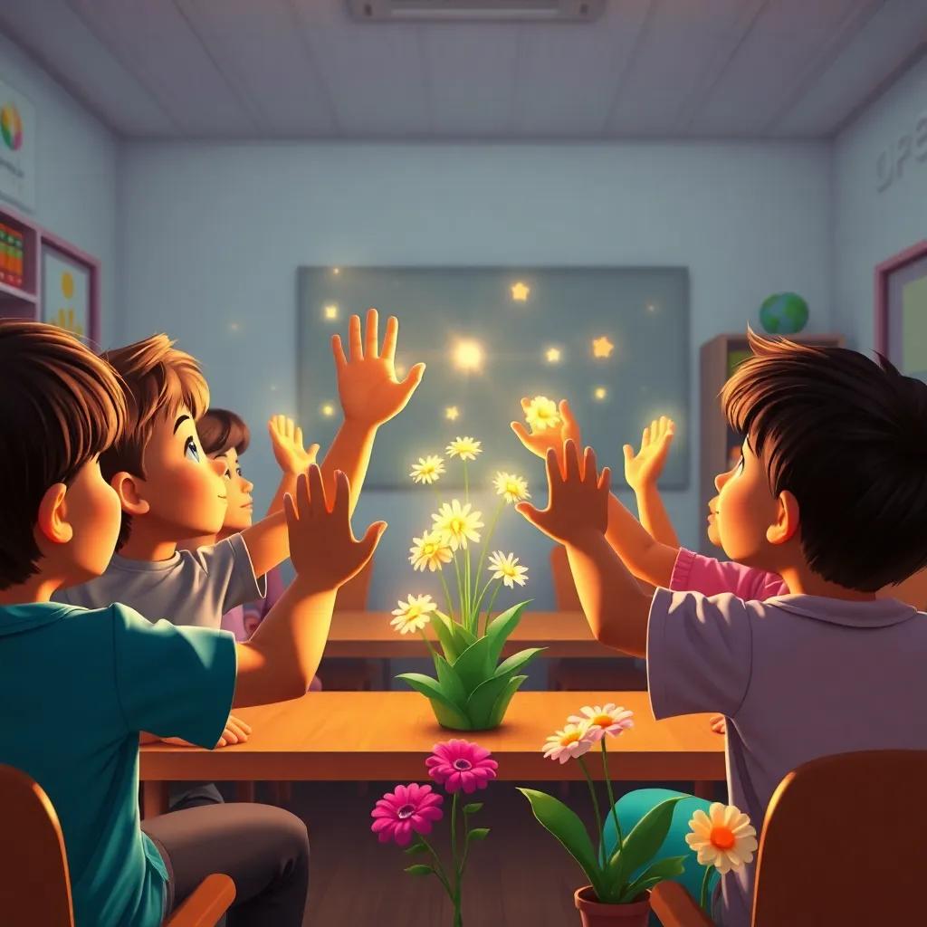 Children learning spells, focusing with raised hands as flowers bloom around them, magic effects glowing, bright and cheerful classroom, warm colors, dynamic perspective, engaging digital art