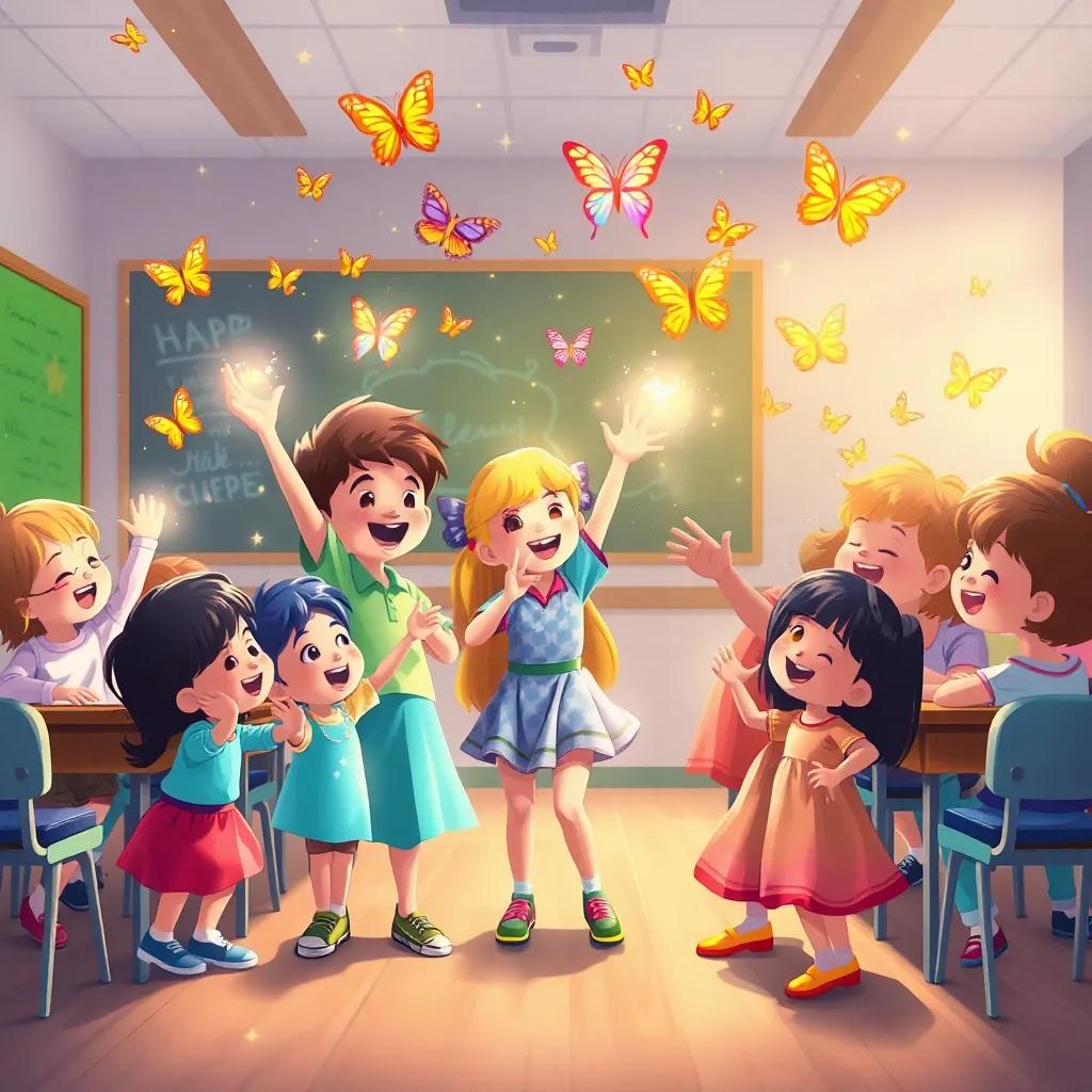 Children showcasing their magic talents, dancing with butterflies, the classroom filled with enchantment and happy laughter, colorful and joyful scene, heartwarming illustration, child-safe