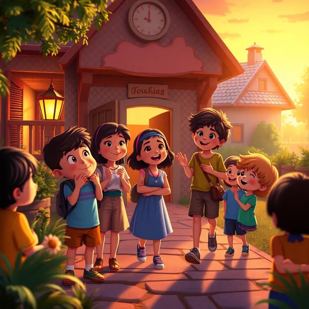 Children thanking Layla, filled with joy and excitement, leaving the magical school at sunset, warm light, vibrant mood, richly colored, touching scene